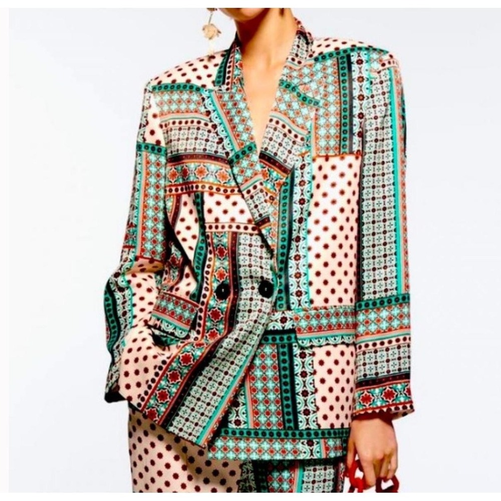 Zara Womens XS Multicolored Patchwork Print Double Breasted‎ Blazer